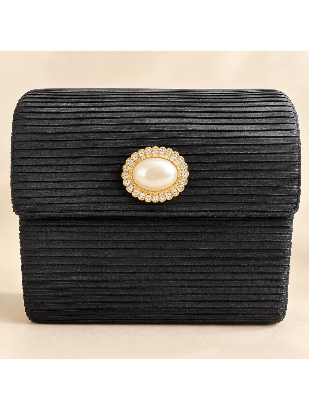 Carolyne Barton Black Pleated Evening Clutch Pearl Rhinestone Purse